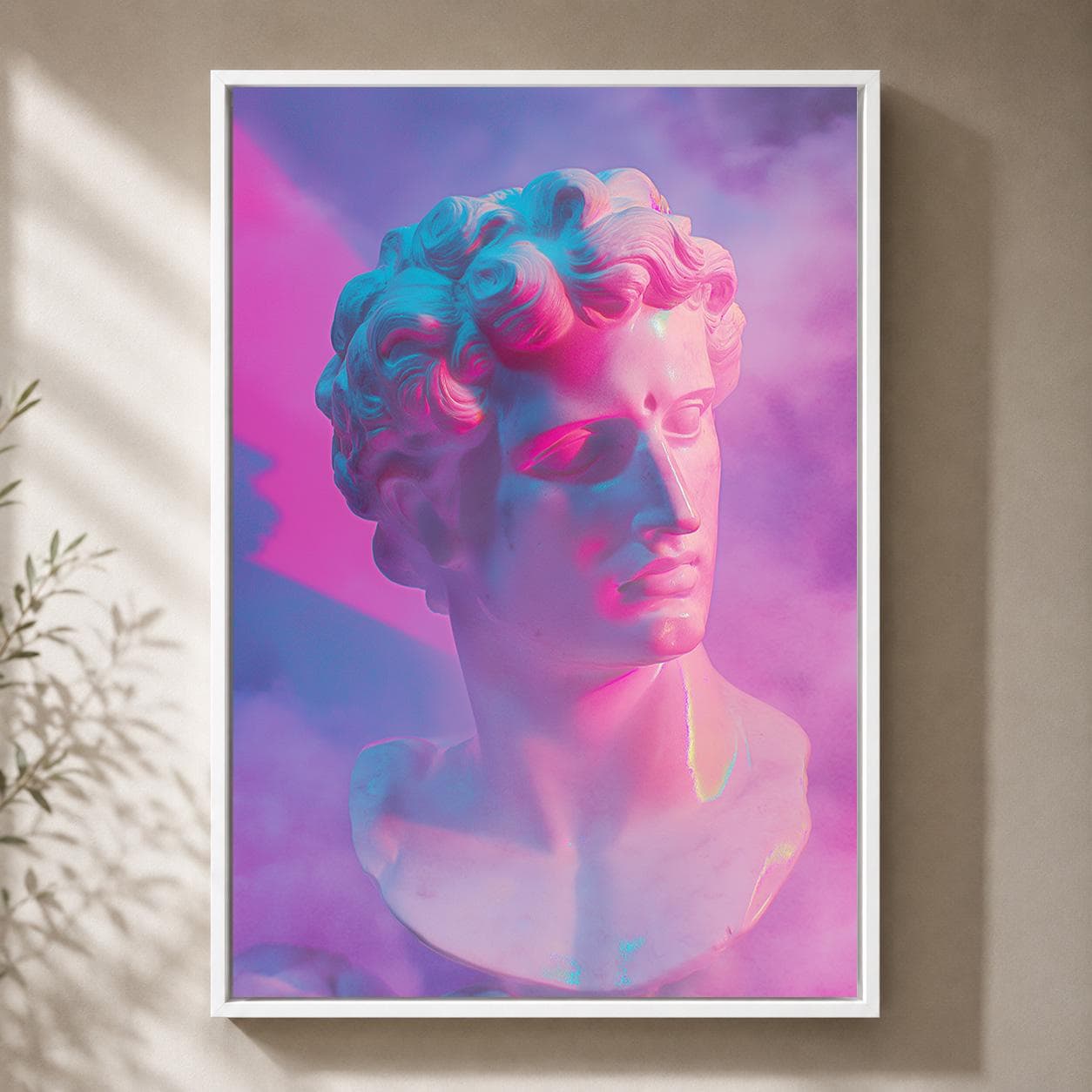 Vaporwave Greek Bust Pink & Blue Neon Sculpture Retro Synthwave Framed Canvas by The Wall Art Studio - physical
