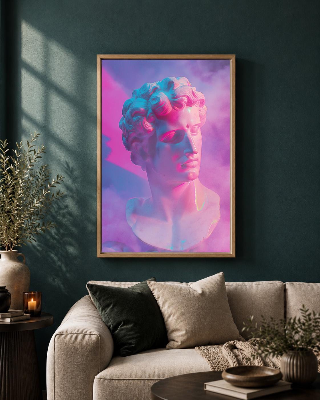 Vaporwave Greek Bust Pink & Blue Neon Sculpture Retro Synthwave Framed Canvas by The Wall Art Studio - physical