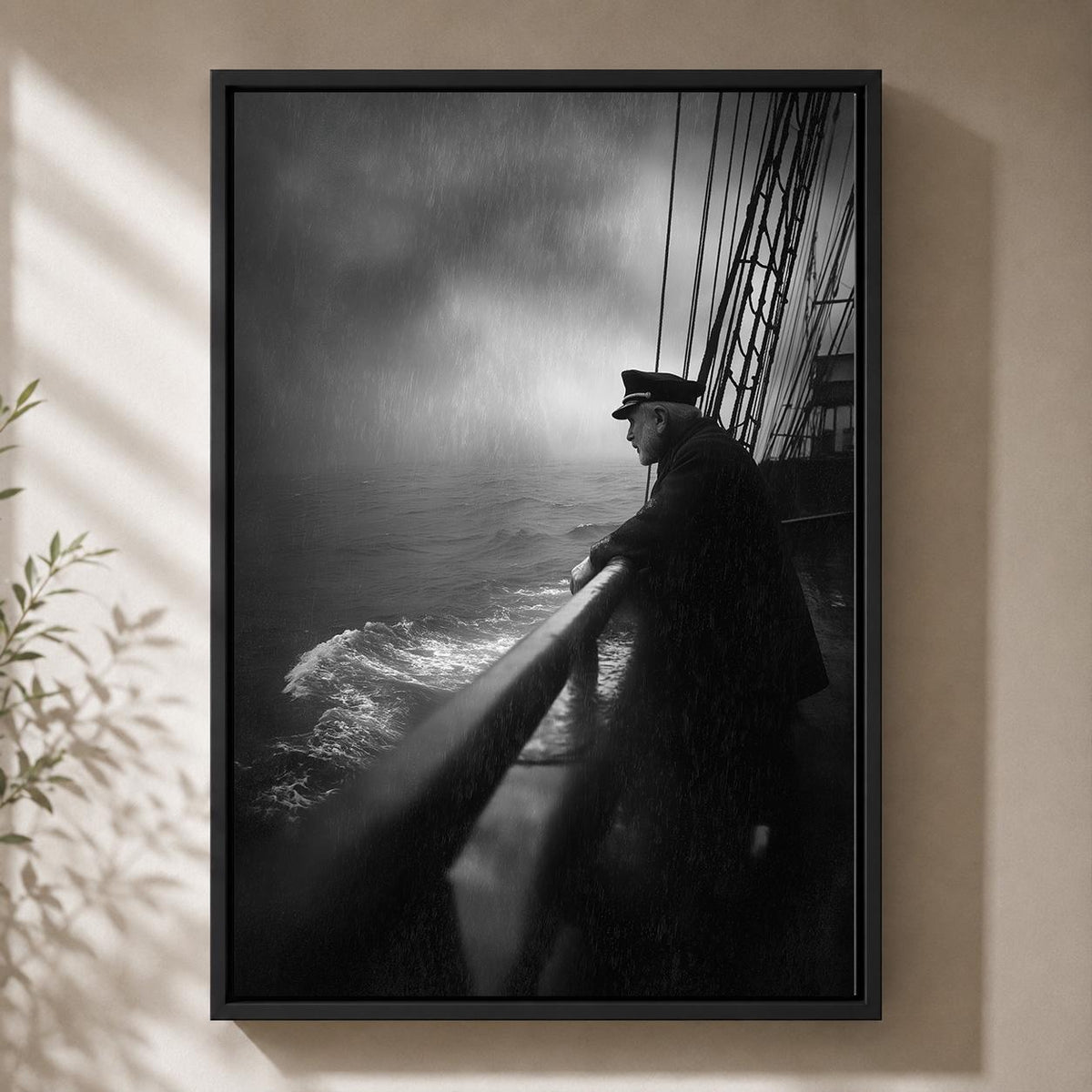 Black and White Ship Captain Vintage Maritime Stormy Ocean Sailor Framed Canvas by The Wall Art Studio - physical