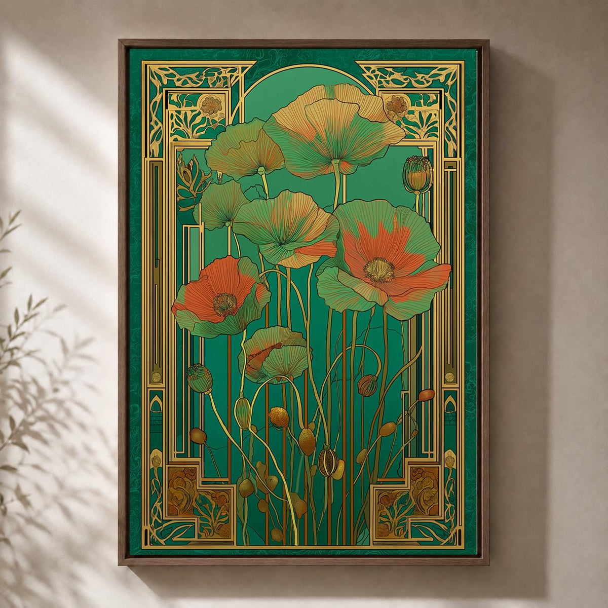 Art Nouveau Poppy Green & Orange Floral Vintage Art Deco Framed Canvas by The Wall Art Studio - physical