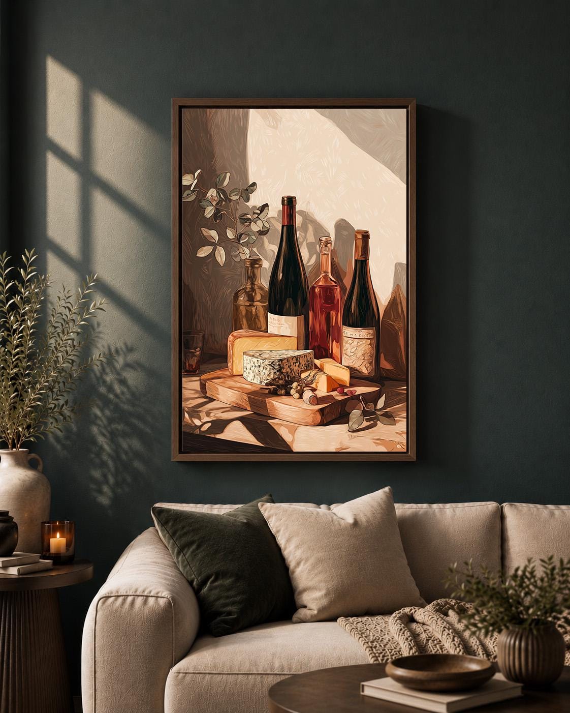 Wine and Cheese Rustic Kitchen Wine Bottle Still Life Charcuterie Framed Canvas by The Wall Art Studio - physical