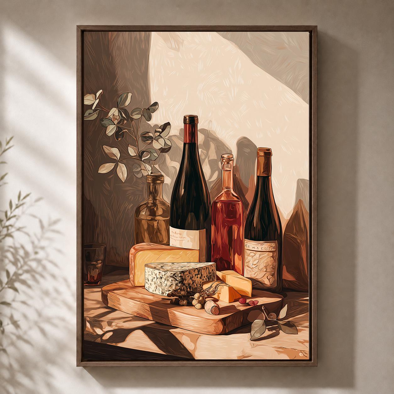 Wine and Cheese Rustic Kitchen Wine Bottle Still Life Charcuterie Framed Canvas by The Wall Art Studio - physical