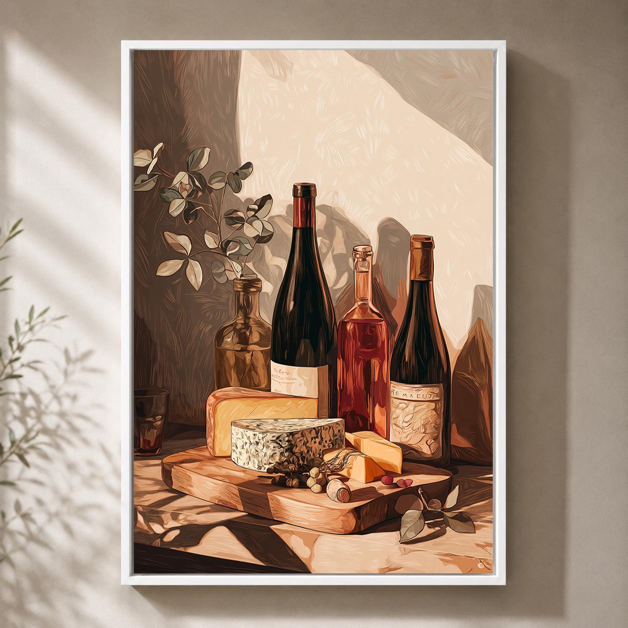 Wine and Cheese Rustic Kitchen Wine Bottle Still Life Charcuterie Framed Canvas by The Wall Art Studio - physical