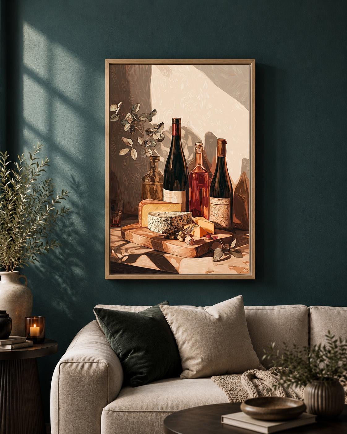 Wine and Cheese Rustic Kitchen Wine Bottle Still Life Charcuterie Framed Canvas by The Wall Art Studio - physical