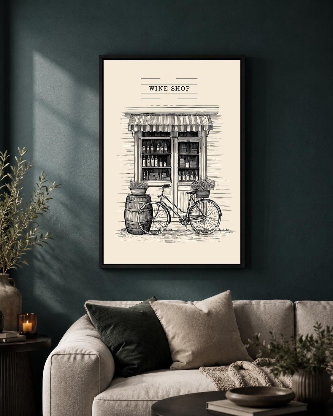 Vintage Wine Shop Paris Bistro Bicycle French Street Sketch Framed Canvas by The Wall Art Studio - physical