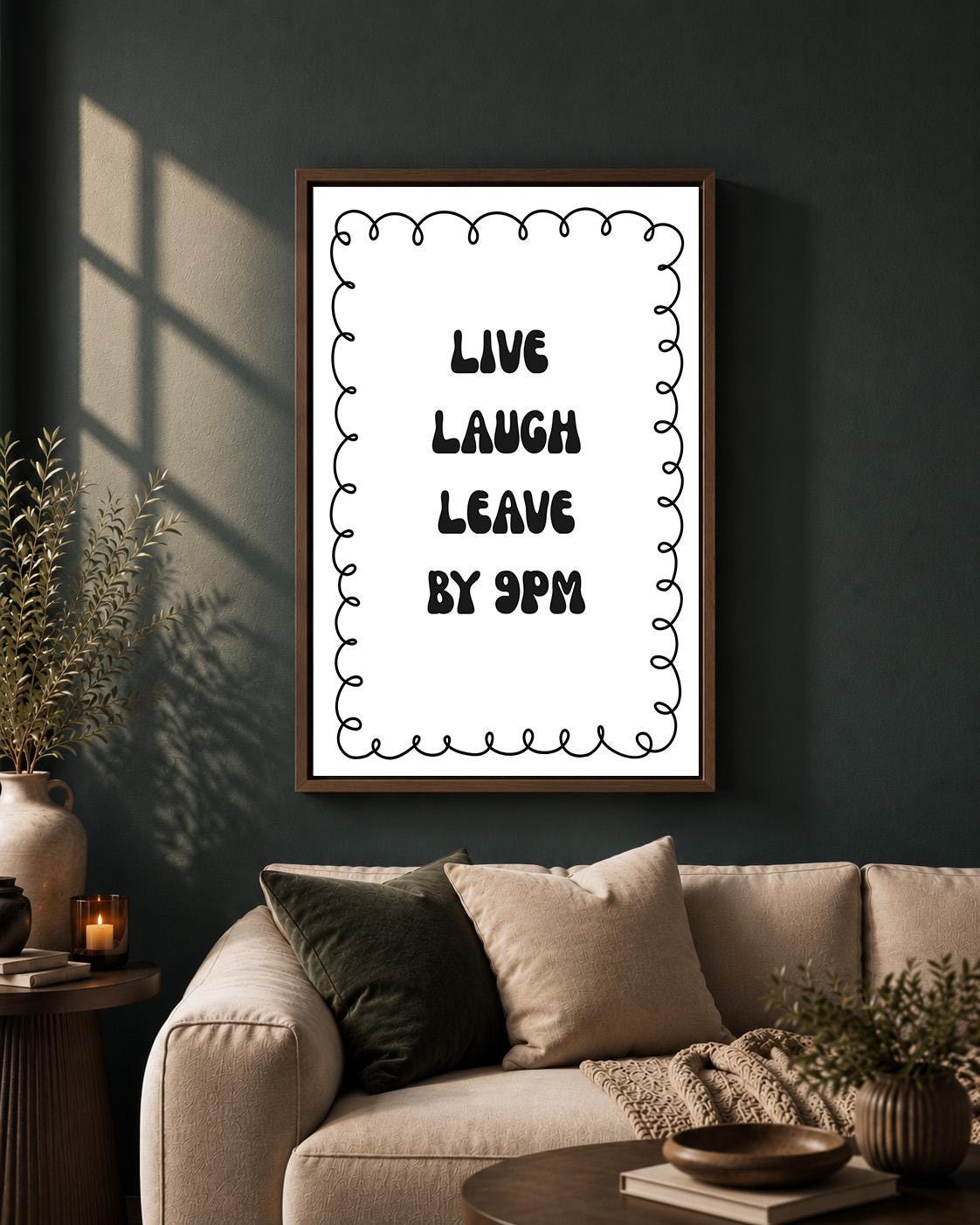 "Live Laugh Leave by 9PM" Black Quote Framed Canvas by The Wall Art Studio - physical