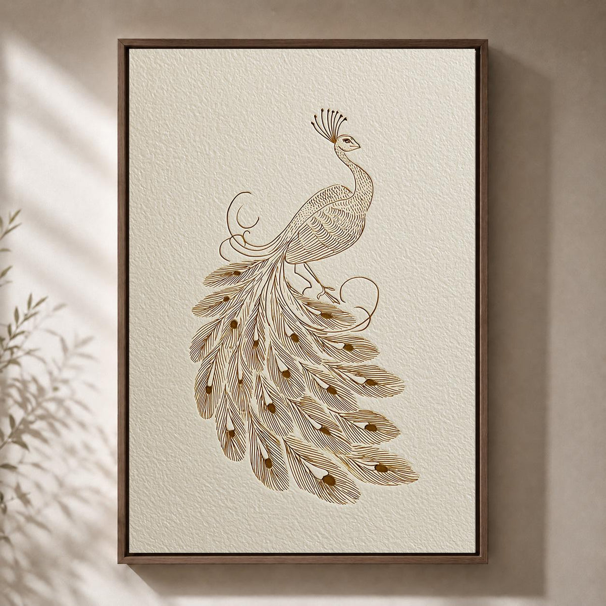 Minimalist Gold Peacock Elegant Bird Line Drawing Framed Canvas by The Wall Art Studio - physical