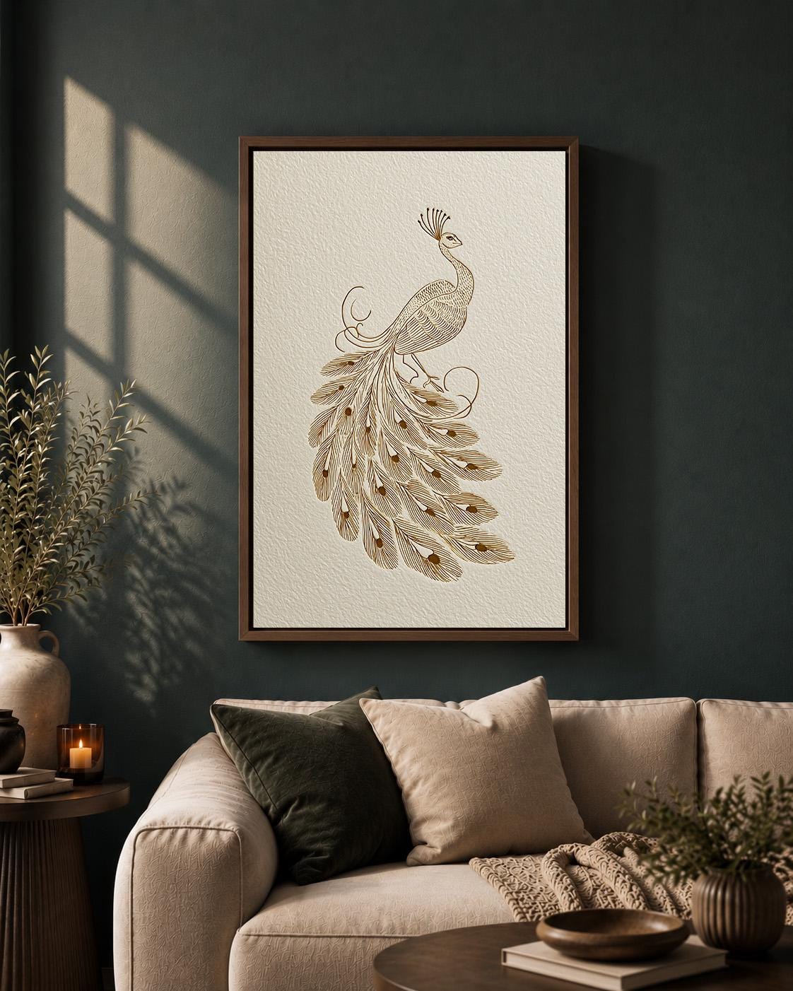 Minimalist Gold Peacock Elegant Bird Line Drawing Framed Canvas by The Wall Art Studio - physical