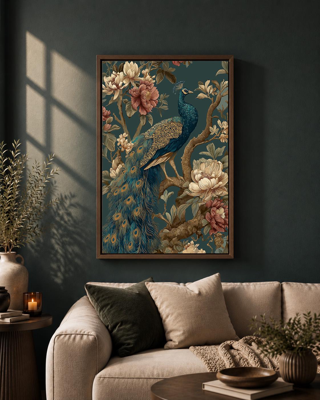 Chinoiserie Peacock Floral Bird Vintage Botanical Maximalist Framed Canvas by The Wall Art Studio - physical