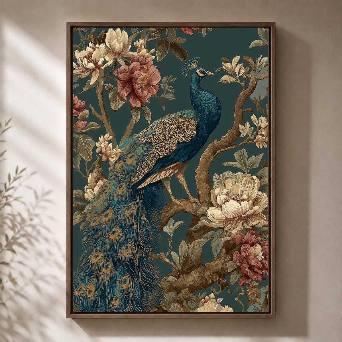 Chinoiserie Peacock Floral Bird Vintage Botanical Maximalist Framed Canvas by The Wall Art Studio - physical