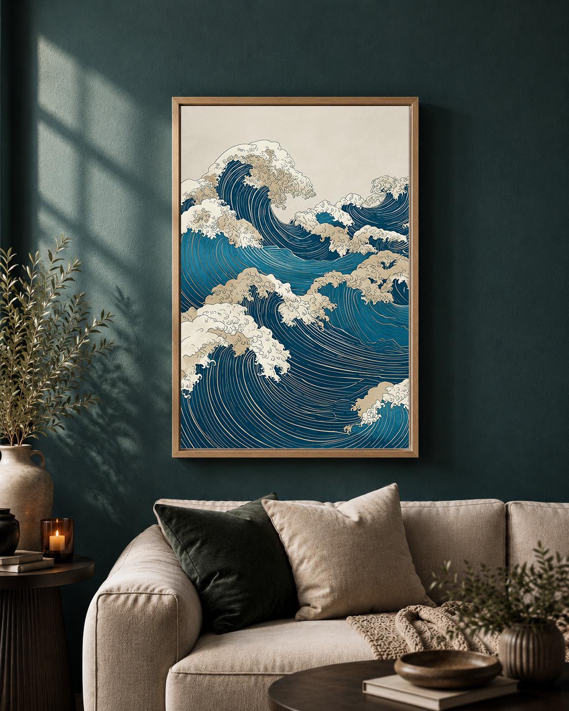 Japanese Wave Vintage Seascape Blue Coastal Ukiyo-e Inspired Framed Canvas by The Wall Art Studio - physical