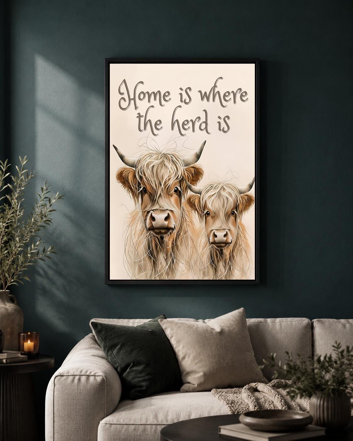 Highland Cow "Home Is Where the Herd Is" Scottish Highland Cattle Wall Art by The Wall Art Studio - physical