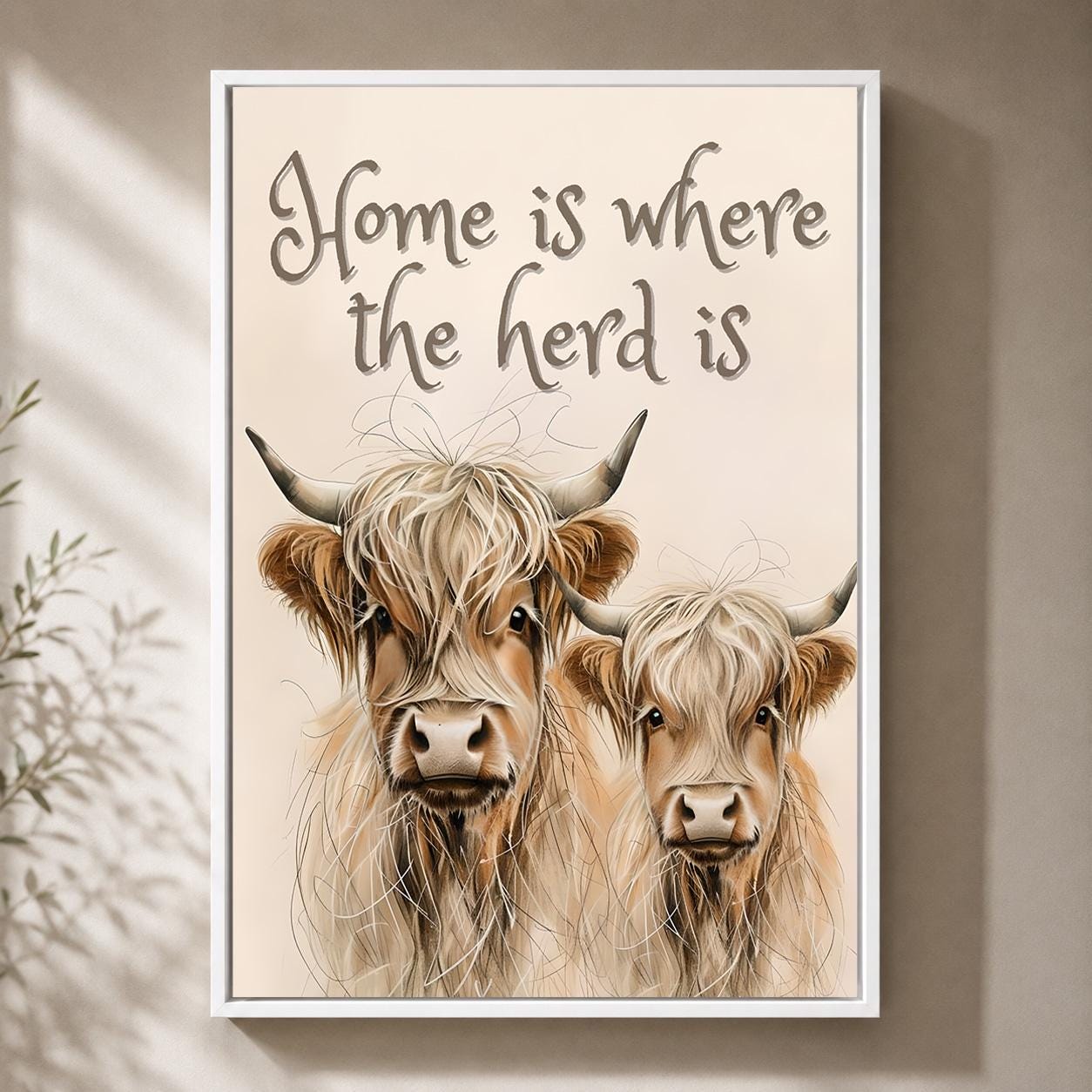Highland Cow "Home Is Where the Herd Is" Scottish Highland Cattle Wall Art by The Wall Art Studio - physical