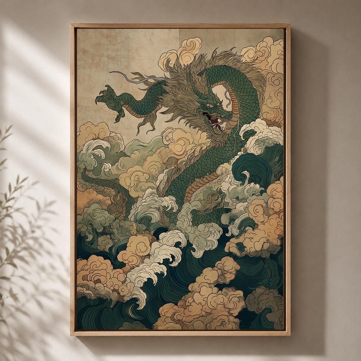 Chinese Dragon and Waves Asian Mythical Oriental Framed Canvas by The Wall Art Studio - physical