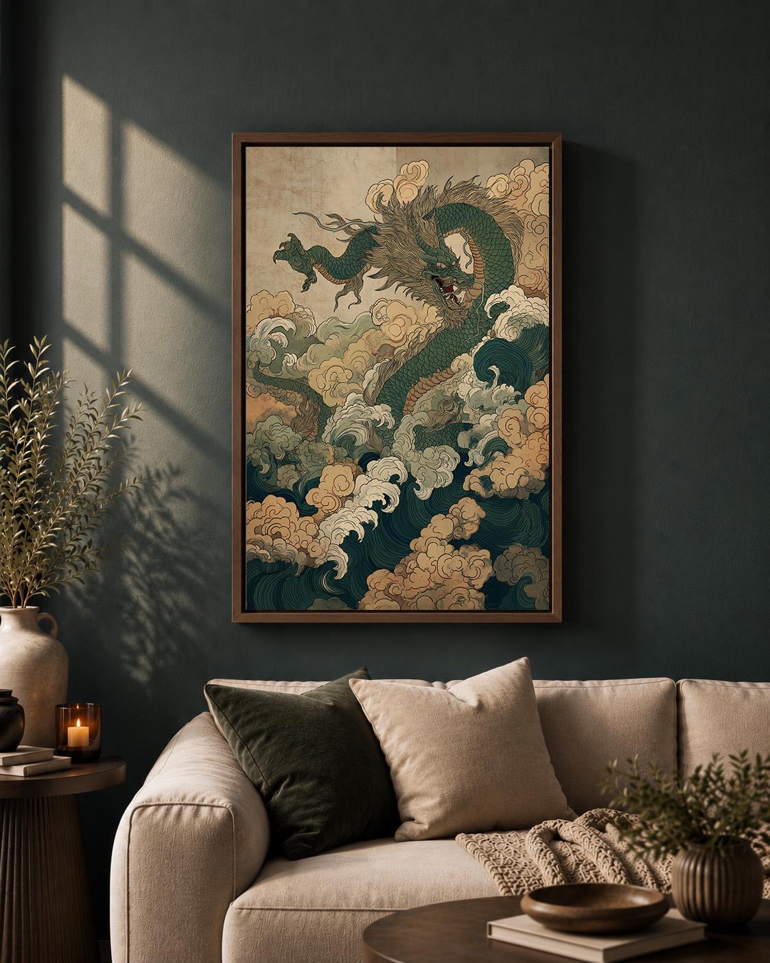 Chinese Dragon and Waves Asian Mythical Oriental Framed Canvas by The Wall Art Studio - physical