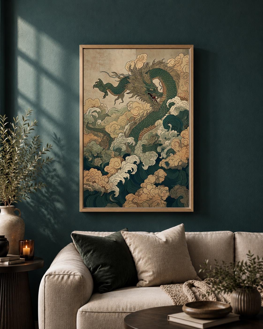 Chinese Dragon and Waves Asian Mythical Oriental Framed Canvas by The Wall Art Studio - physical