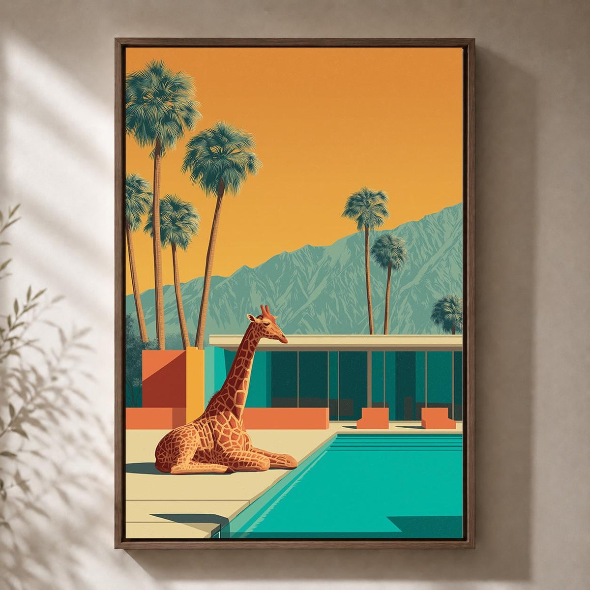 Mid Century Giraffe Palm Springs retro Tropical Pool Framed Canvas by The Wall Art Studio - physical