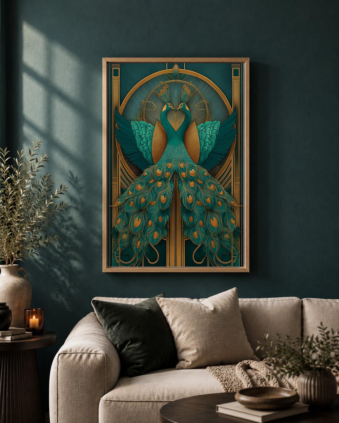 Art Deco Peacock Emerald Green & Gold Gatsby Inspired Framed Canvas by The Wall Art Studio - physical