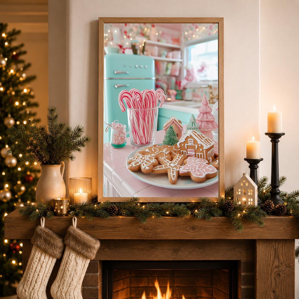 Retro Christmas Kitchen Pink Gingerbread Cookies Candy Cane Wall Art by The Wall Art Studio - physical