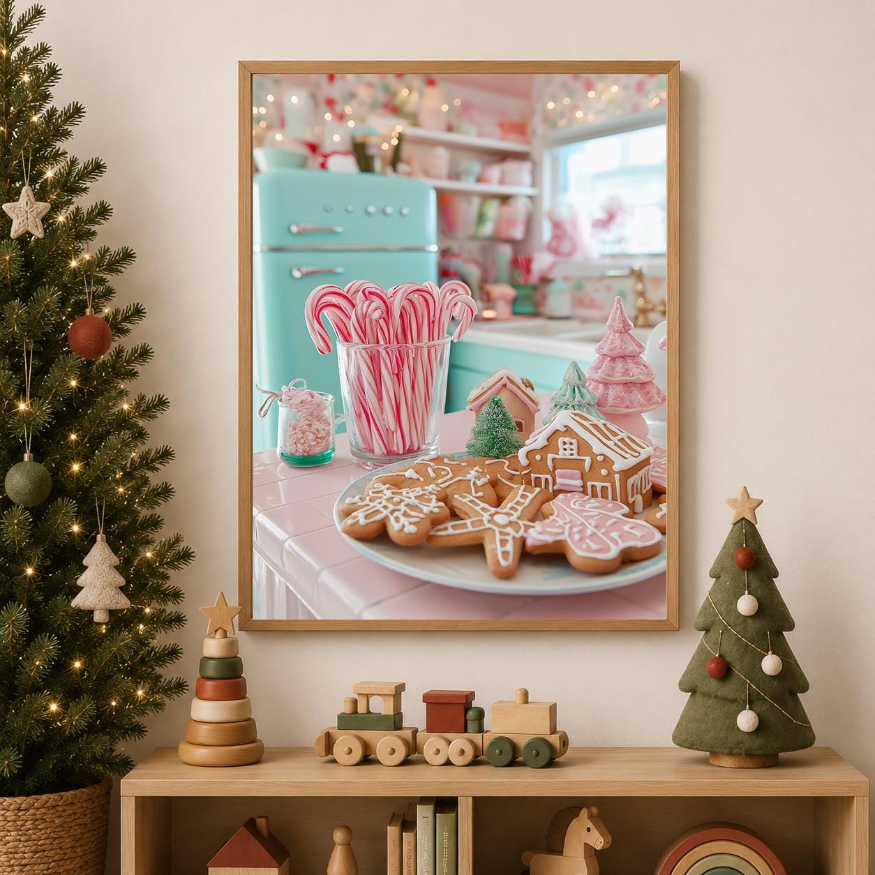 Retro Christmas Kitchen Pink Gingerbread Cookies Candy Cane Wall Art by The Wall Art Studio - physical