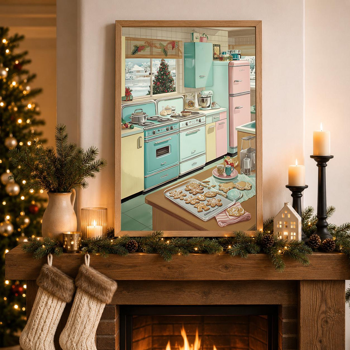 Retro Christmas Kitchen 1950s Pastel Gingerbread Cookies Wall Art by The Wall Art Studio - physical