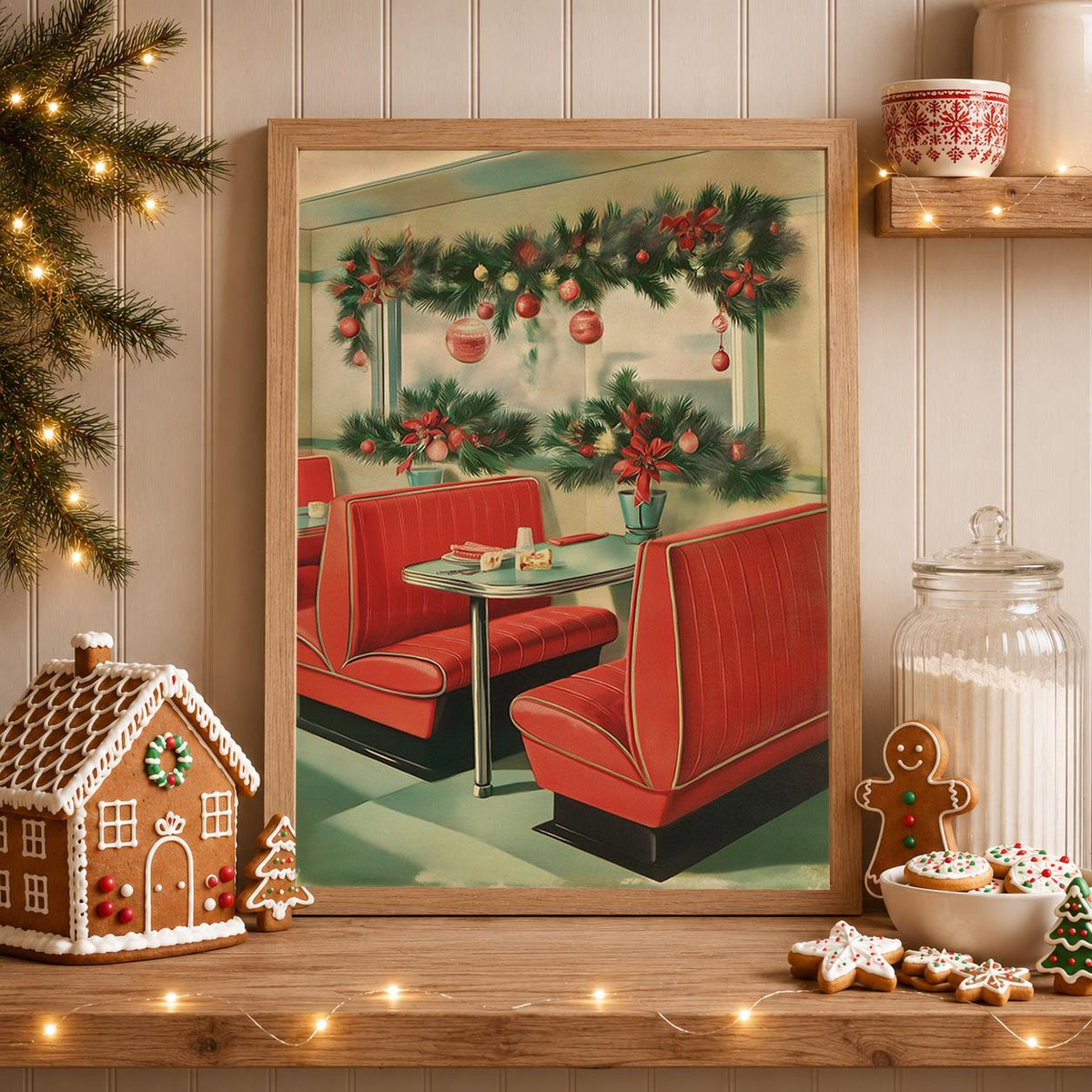 Retro Christmas Diner Vintage 1950s Holiday Cafe Red Booth Wall Art by The Wall Art Studio - physical