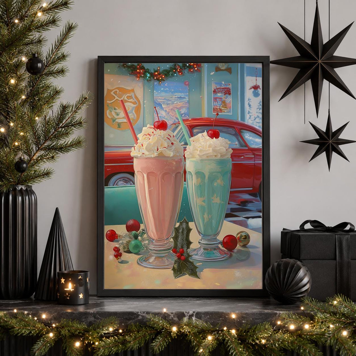 Retro Christmas Milkshake Vintage 1950s Diner Wall Art by The Wall Art Studio - physical