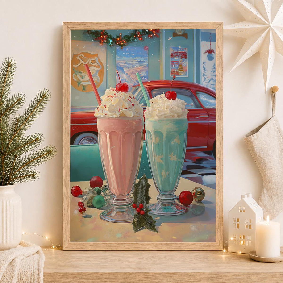 Retro Christmas Milkshake Vintage 1950s Diner Wall Art by The Wall Art Studio - physical