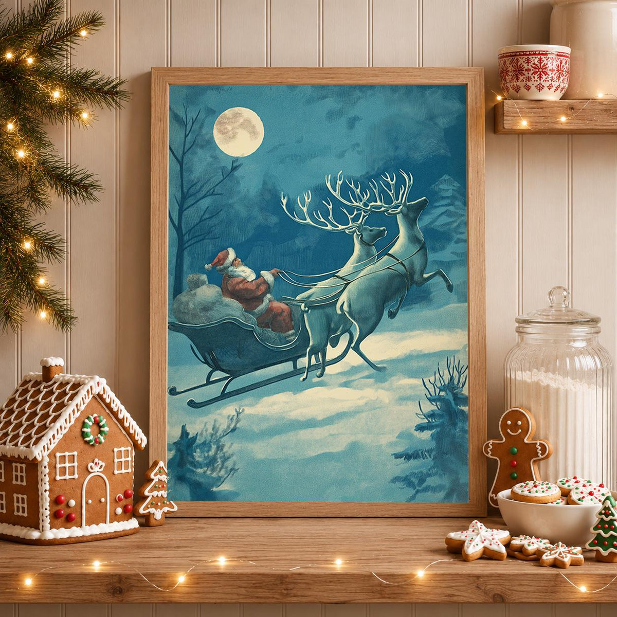 Vintage Santa Sleigh Retro Christmas Reindeer Moonlit Winter Wall Art by The Wall Art Studio - physical