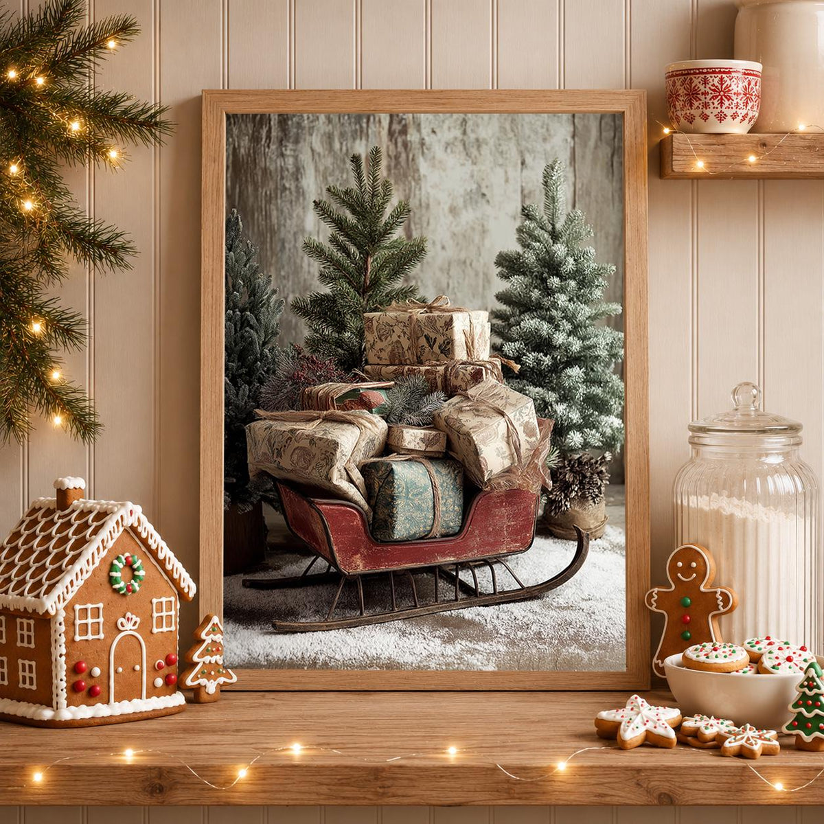 Vintage Christmas Sleigh Rustic Holiday Gifts and Christmas Trees Wall Art by The Wall Art Studio - physical