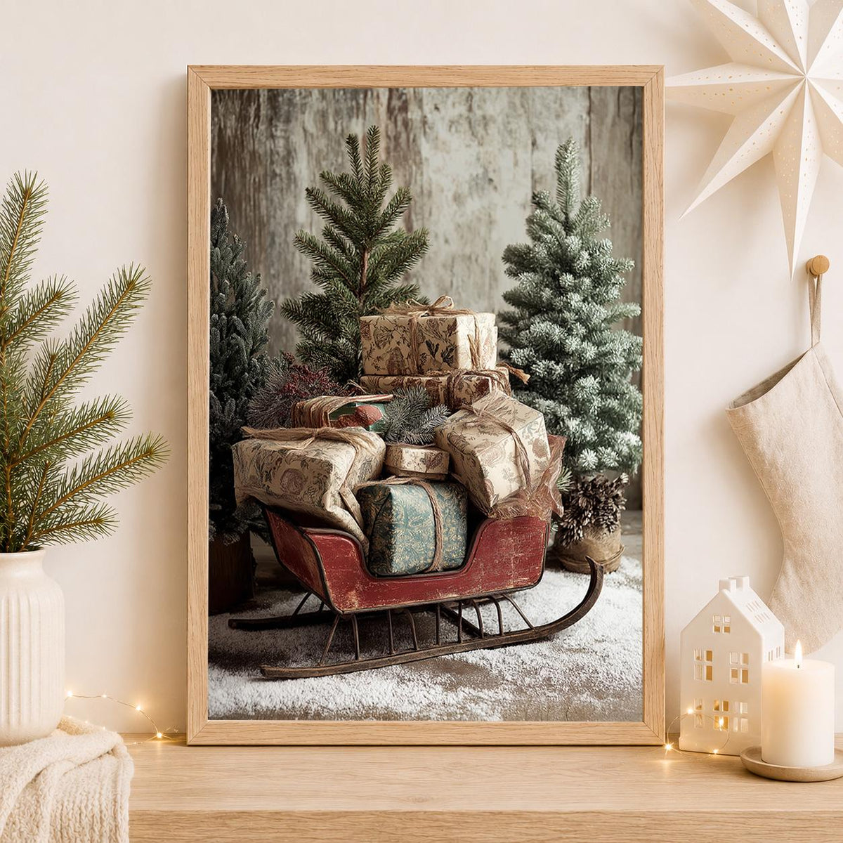Vintage Christmas Sleigh Rustic Holiday Gifts and Christmas Trees Wall Art by The Wall Art Studio - physical