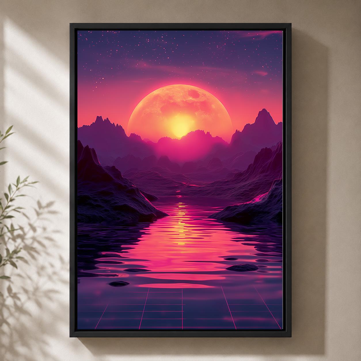 Vaporwave Retro Futuristic Sunset Neon Moon Landscape Framed Canvas by The Wall Art Studio - physical