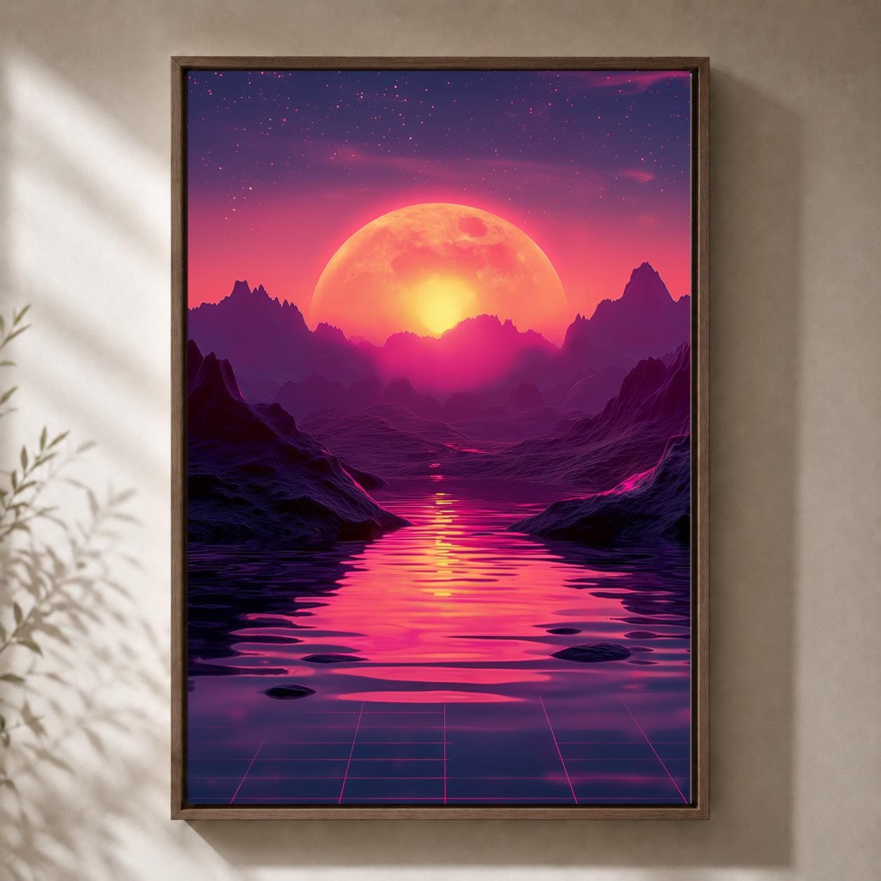 Vaporwave Retro Futuristic Sunset Neon Moon Landscape Framed Canvas by The Wall Art Studio - physical