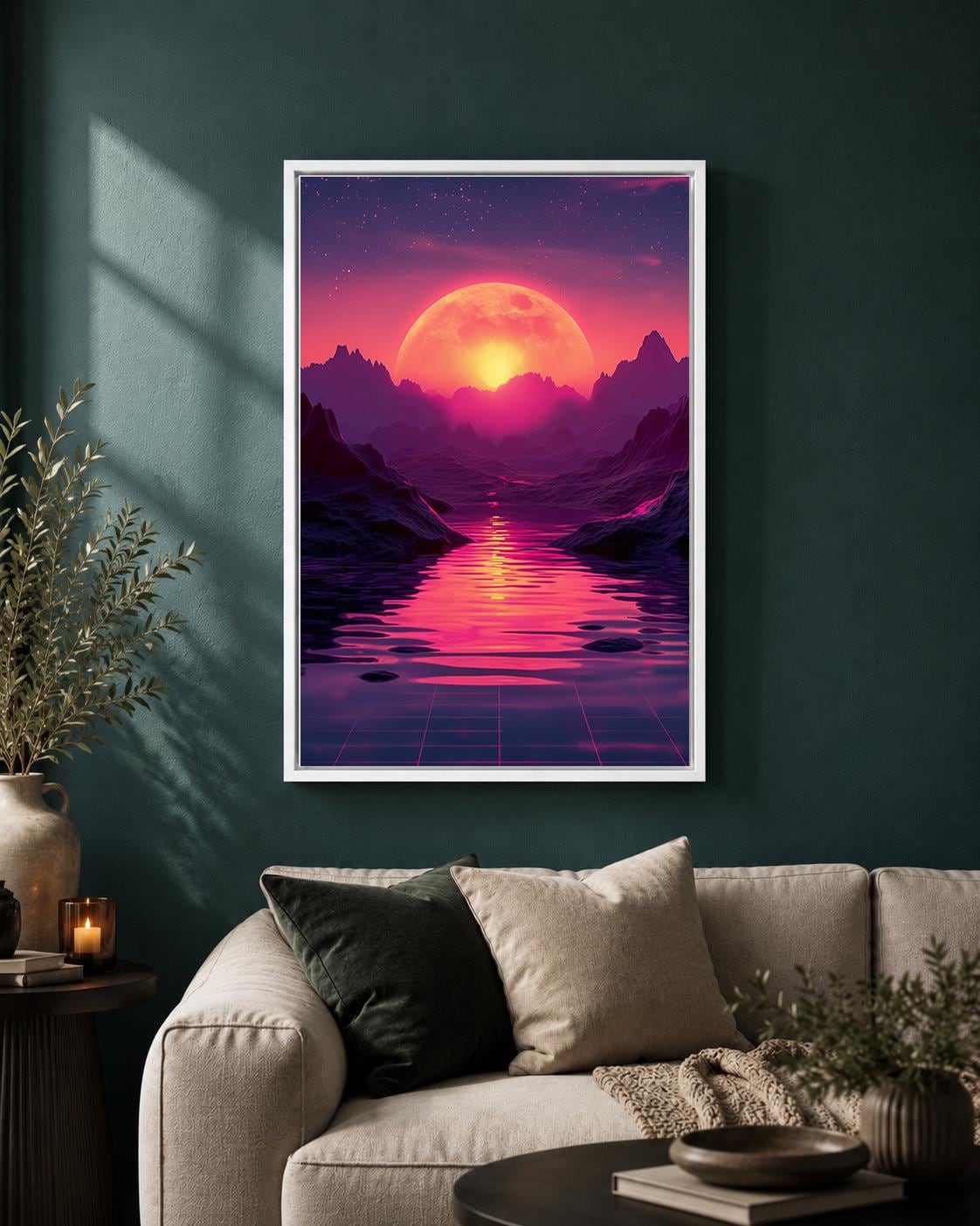 Vaporwave Retro Futuristic Sunset Neon Moon Landscape Framed Canvas by The Wall Art Studio - physical