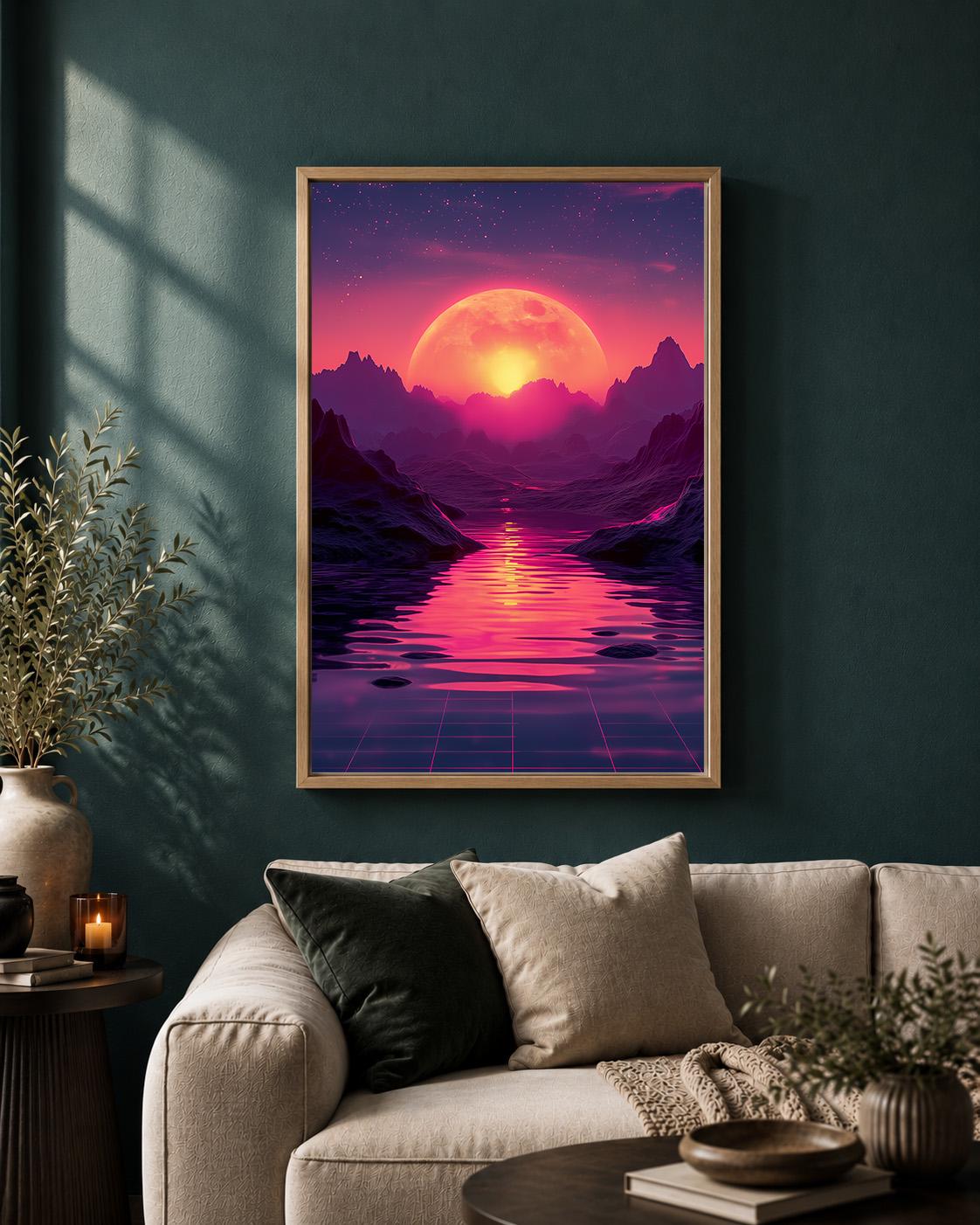 Vaporwave Retro Futuristic Sunset Neon Moon Landscape Framed Canvas by The Wall Art Studio - physical