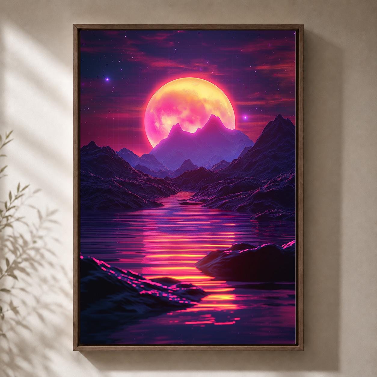 Vaporwave Retro Futuristic Sunset Neon Moon Landscape Framed Canvas by The Wall Art Studio - physical
