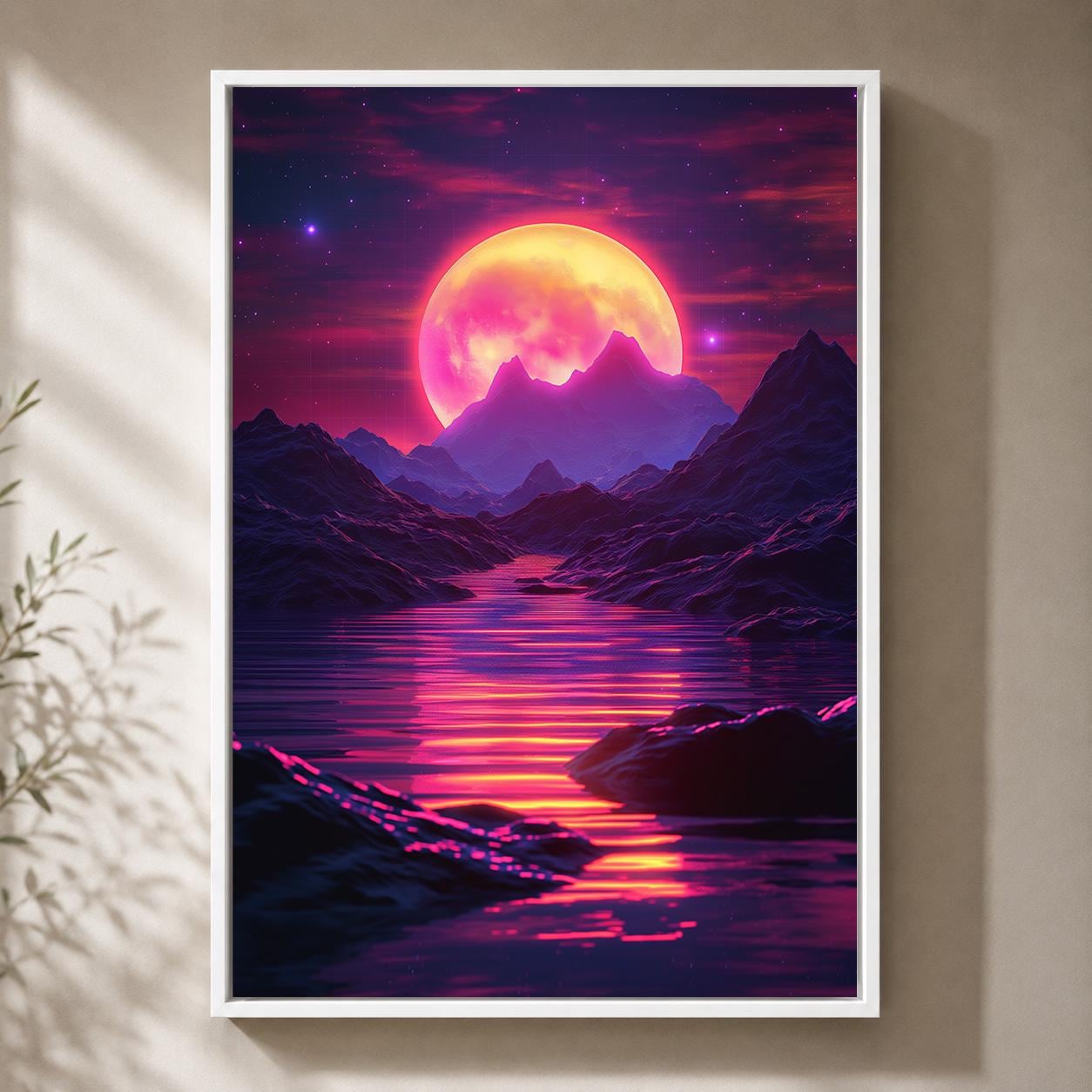 Vaporwave Retro Futuristic Sunset Neon Moon Landscape Framed Canvas by The Wall Art Studio - physical