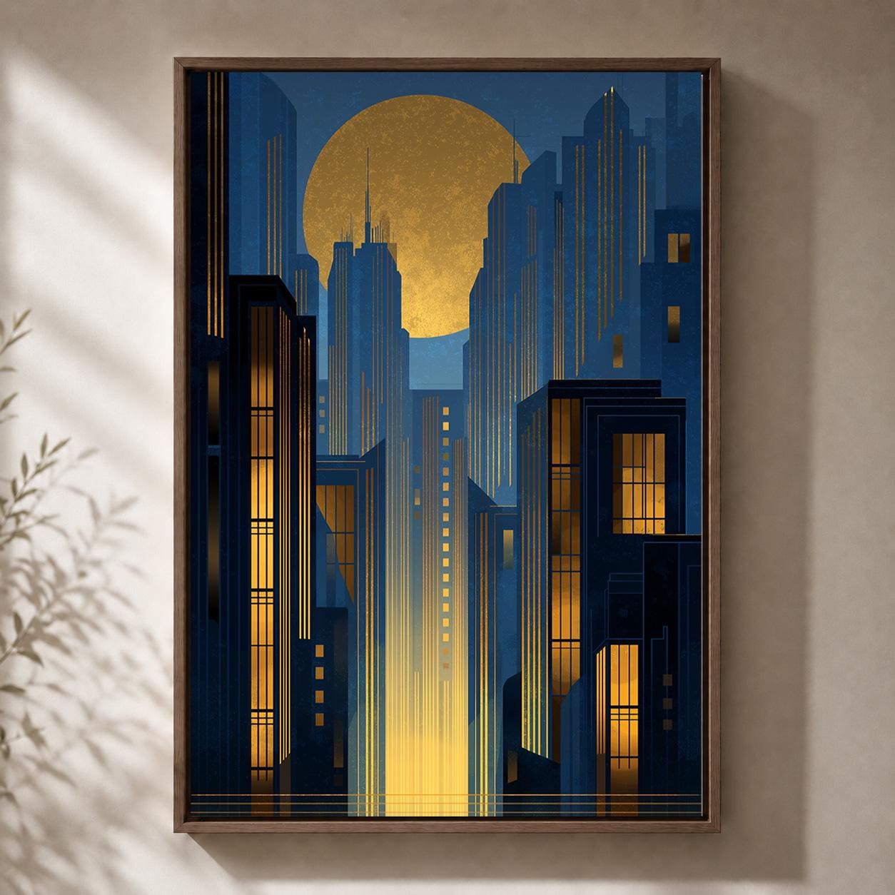 Art Deco City Gold Moon Blue Geometric Skyline 1920s Inspired Framed Canvas by The Wall Art Studio - physical