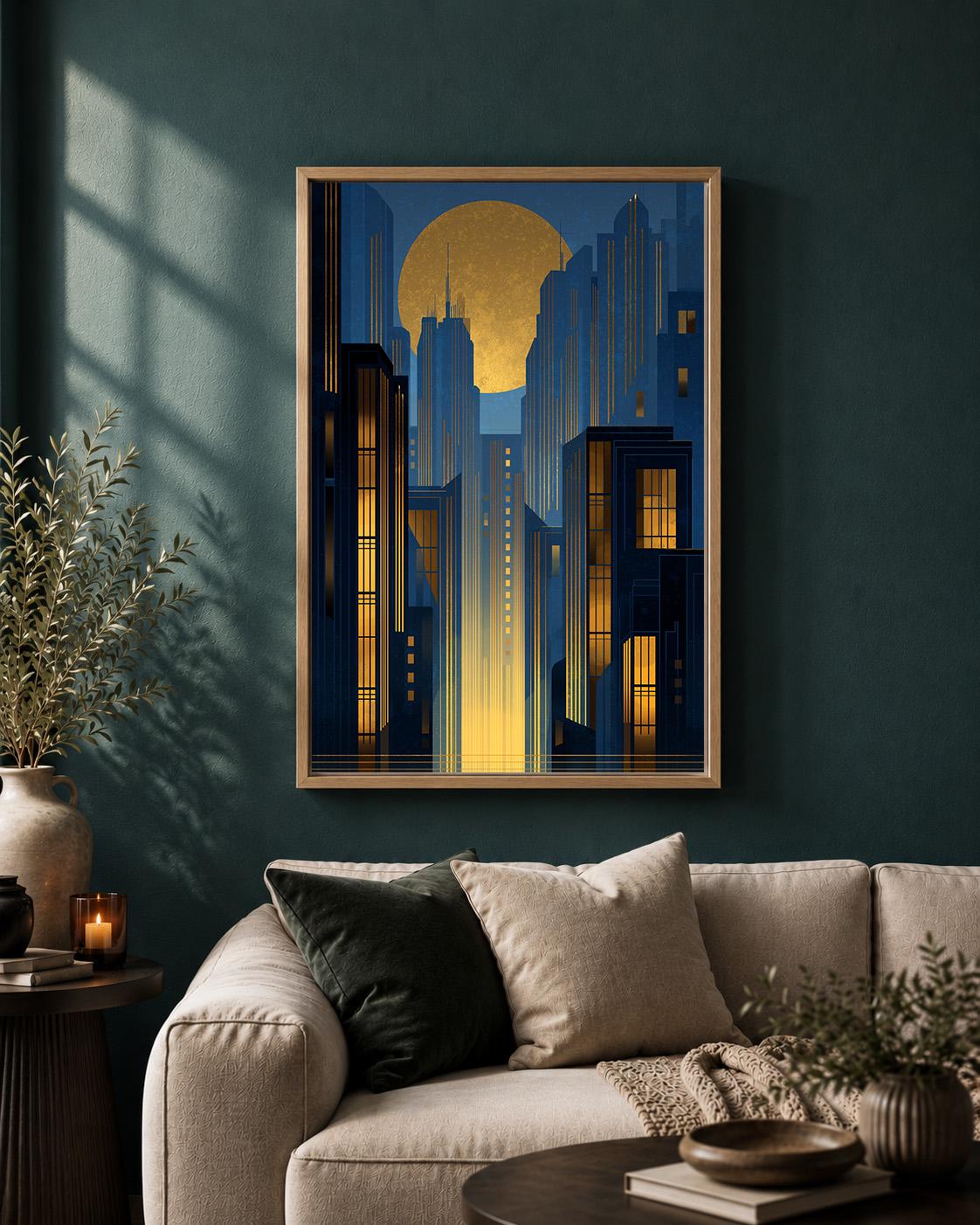 Art Deco City Gold Moon Blue Geometric Skyline 1920s Inspired Framed Canvas by The Wall Art Studio - physical