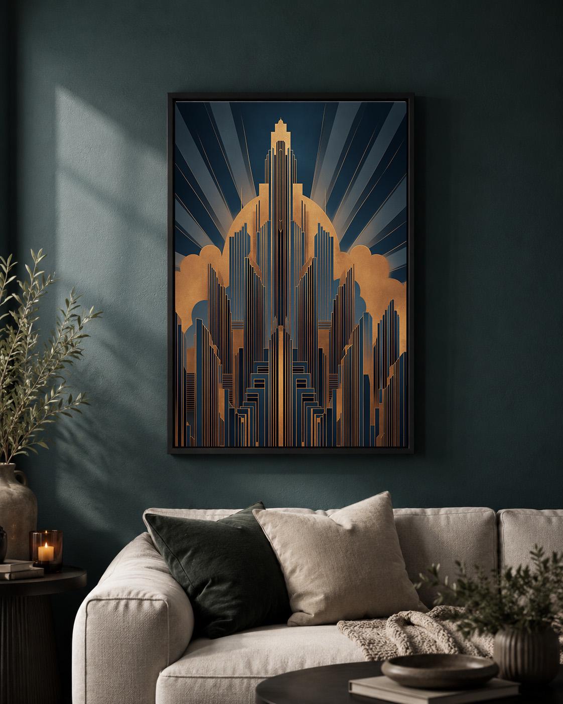 Art Deco Cityscape Gold Navy Geometric Architecture Framed Canvas by The Wall Art Studio - physical