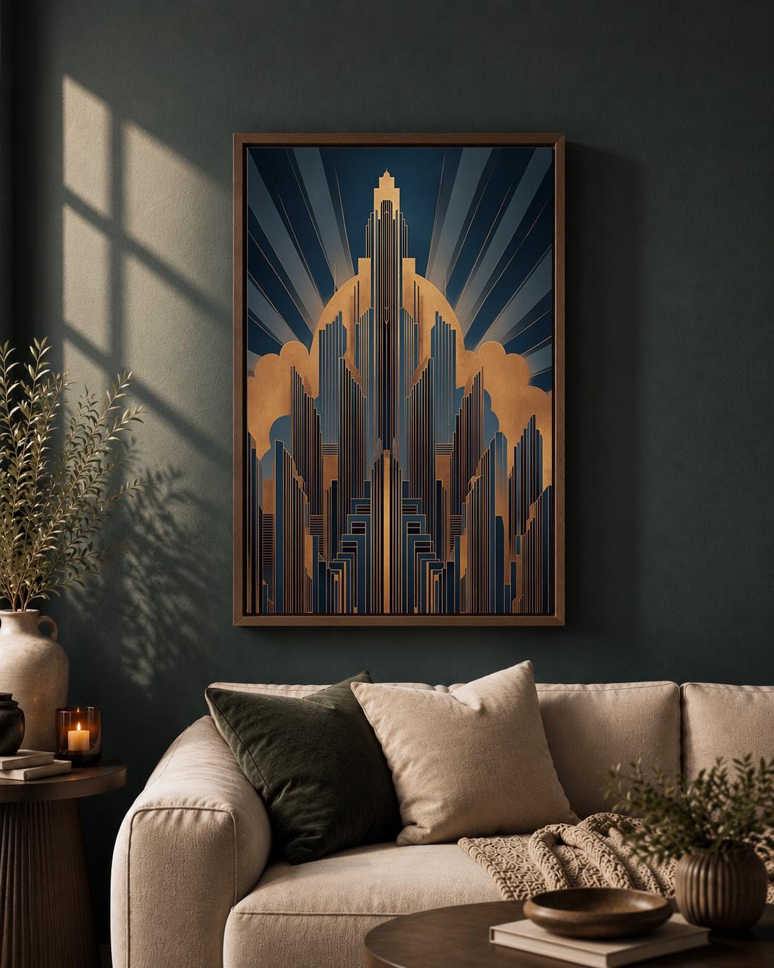 Art Deco Cityscape Gold Navy Geometric Architecture Framed Canvas by The Wall Art Studio - physical