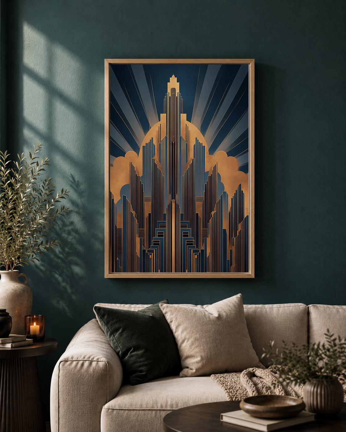 Art Deco Cityscape Gold Navy Geometric Architecture Framed Canvas by The Wall Art Studio - physical