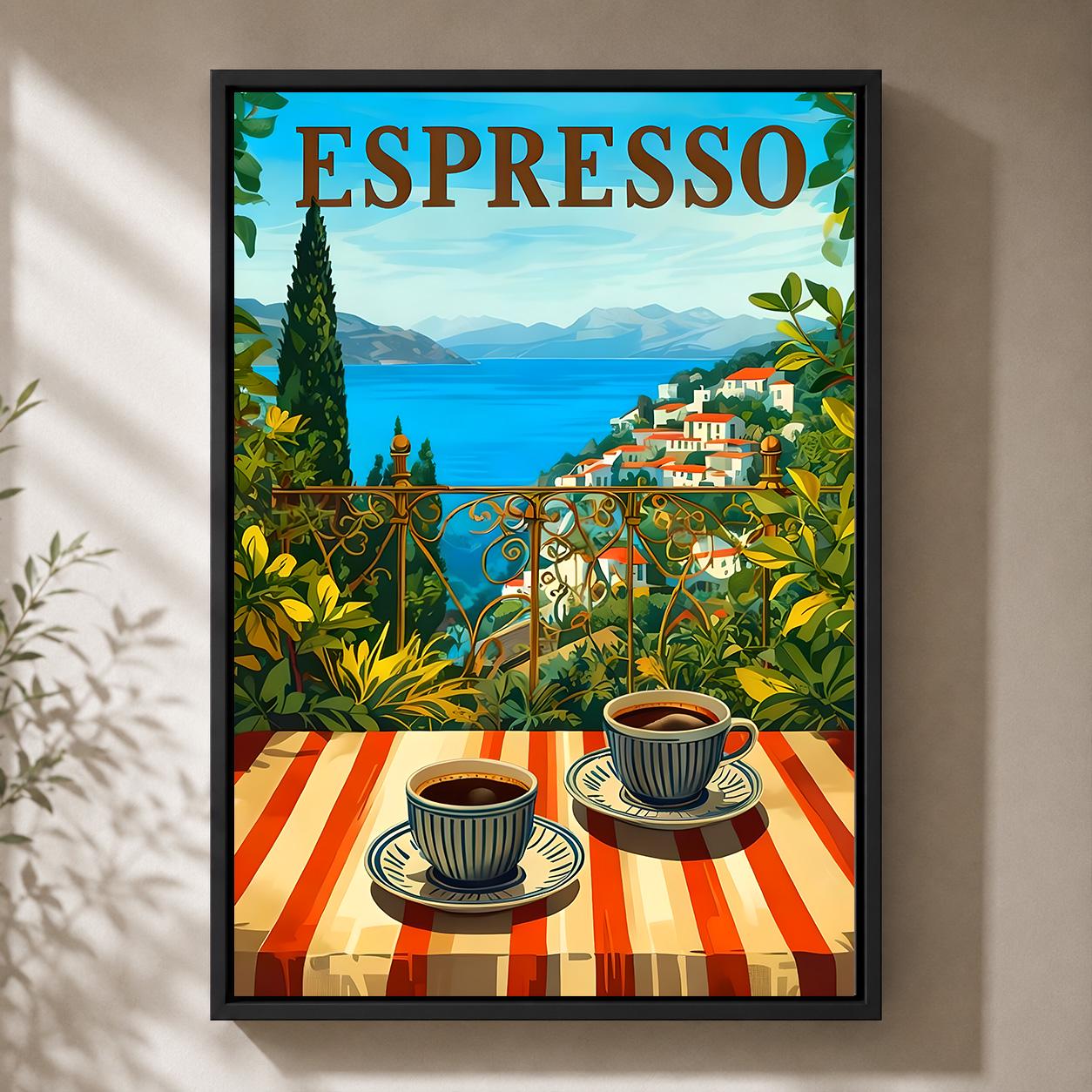 Espresso Coffee Mediterranean Coastal Coffee Framed Canvas by The Wall Art Studio - physical