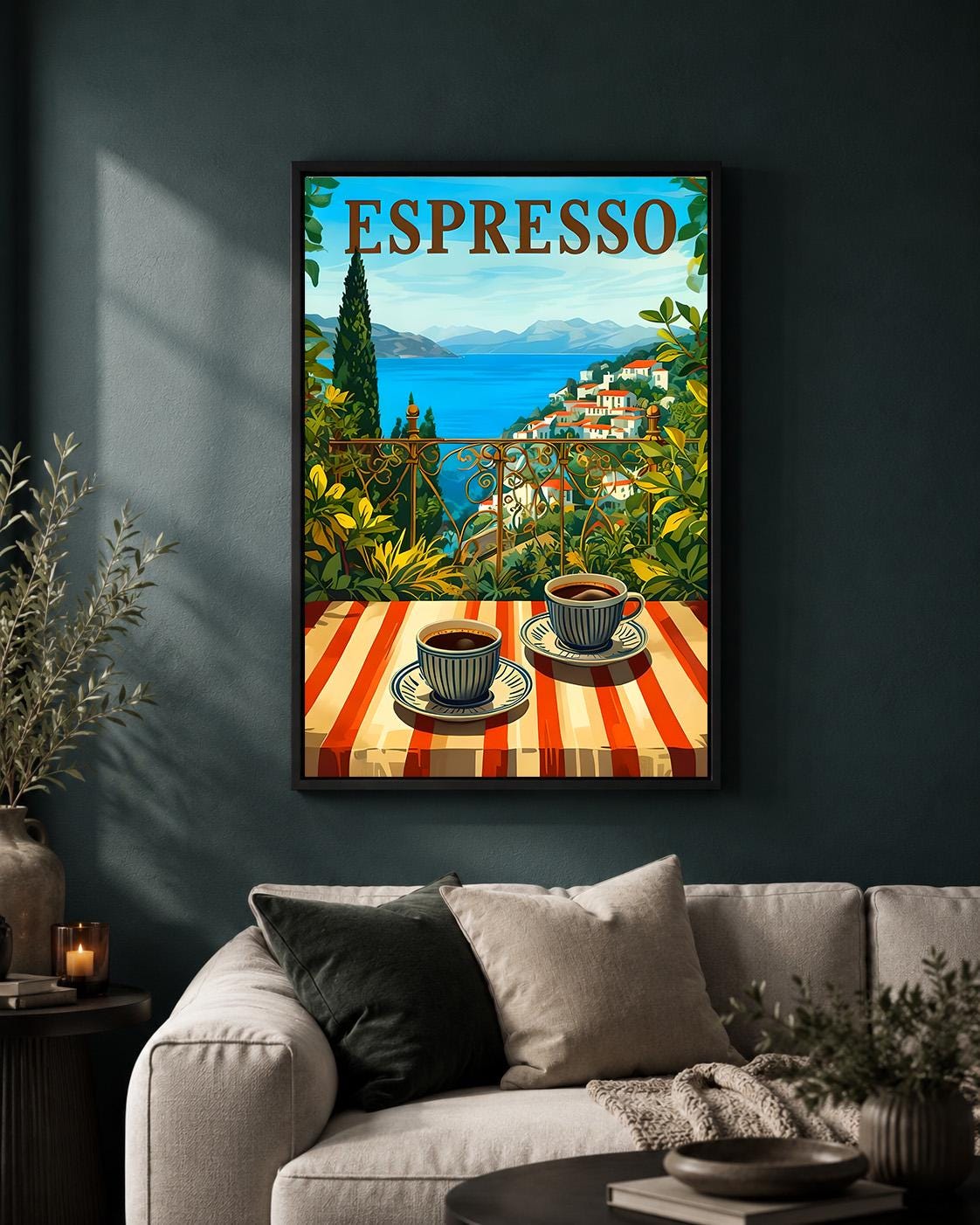 Espresso Coffee Mediterranean Coastal Coffee Framed Canvas by The Wall Art Studio - physical