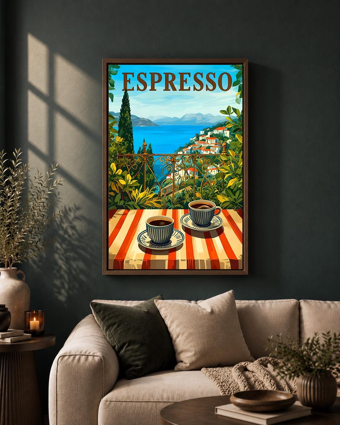 Espresso Coffee Mediterranean Coastal Coffee Framed Canvas by The Wall Art Studio - physical