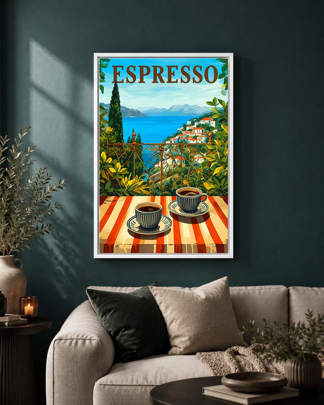 Espresso Coffee Mediterranean Coastal Coffee Framed Canvas by The Wall Art Studio - physical