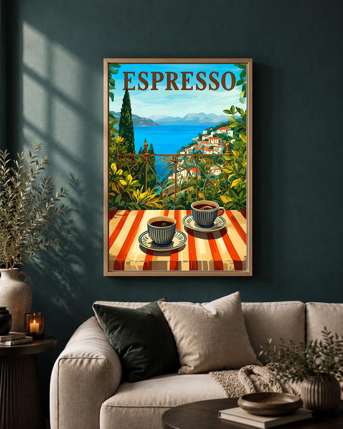 Espresso Coffee Mediterranean Coastal Coffee Framed Canvas by The Wall Art Studio - physical