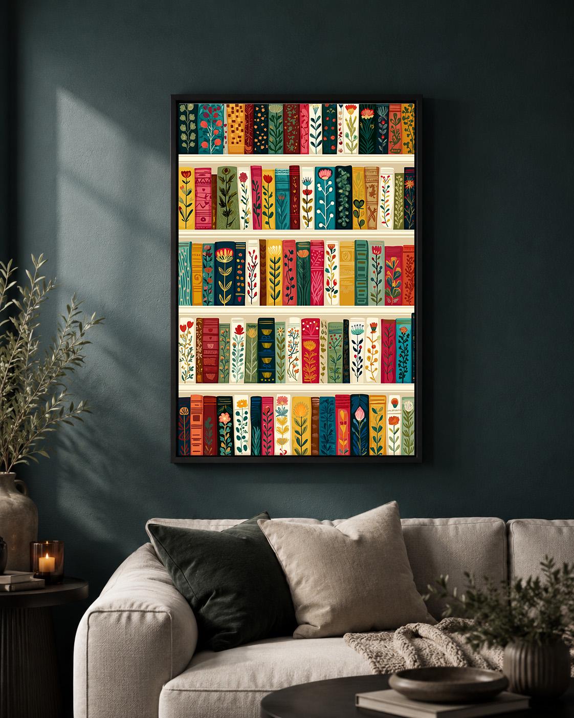 Floral Bookshelf Colorful Botanical Library Framed Canvas by The Wall Art Studio - physical