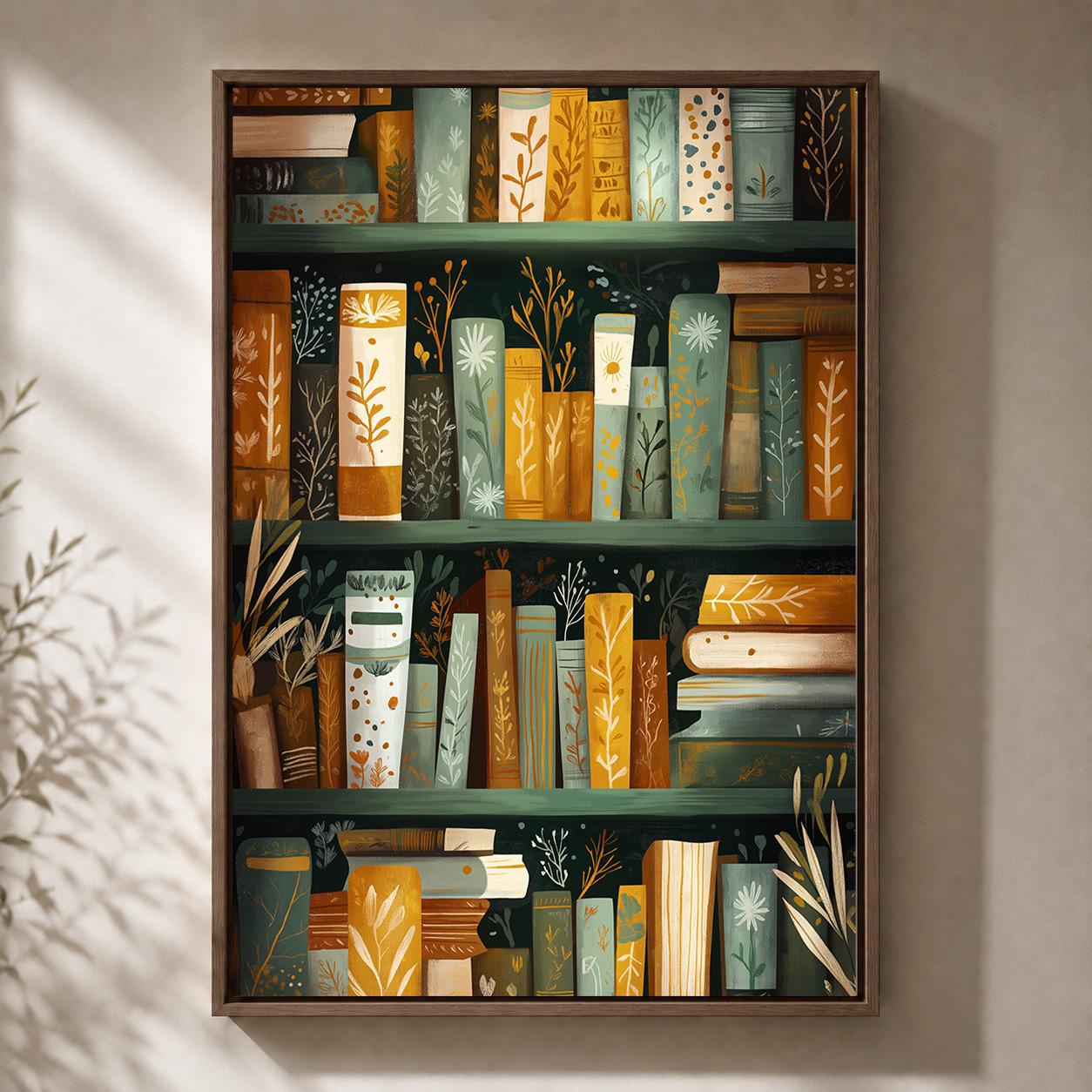Botanical Bookshelf Dark Academia Book Green and Gold Library framed Canvas by The Wall Art Studio - physical