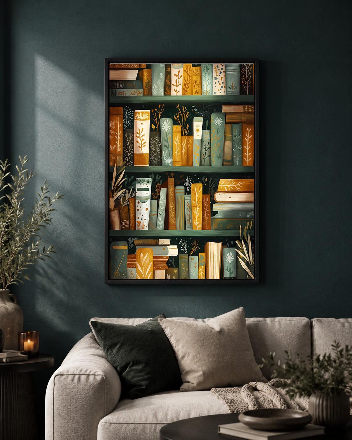 Botanical Bookshelf Dark Academia Book Green and Gold Library framed Canvas by The Wall Art Studio - physical